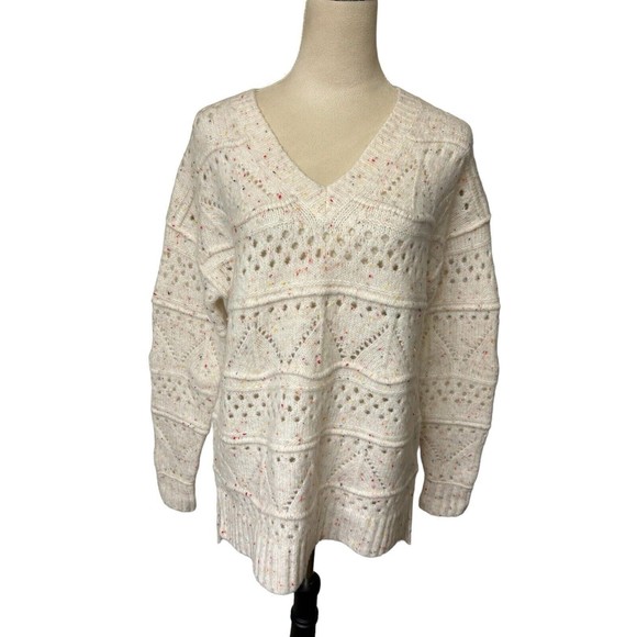 Sundance Minnie Oversized Speckled Cream V-neck Stretch Open Knit Sweate… - Picture 1 of 9